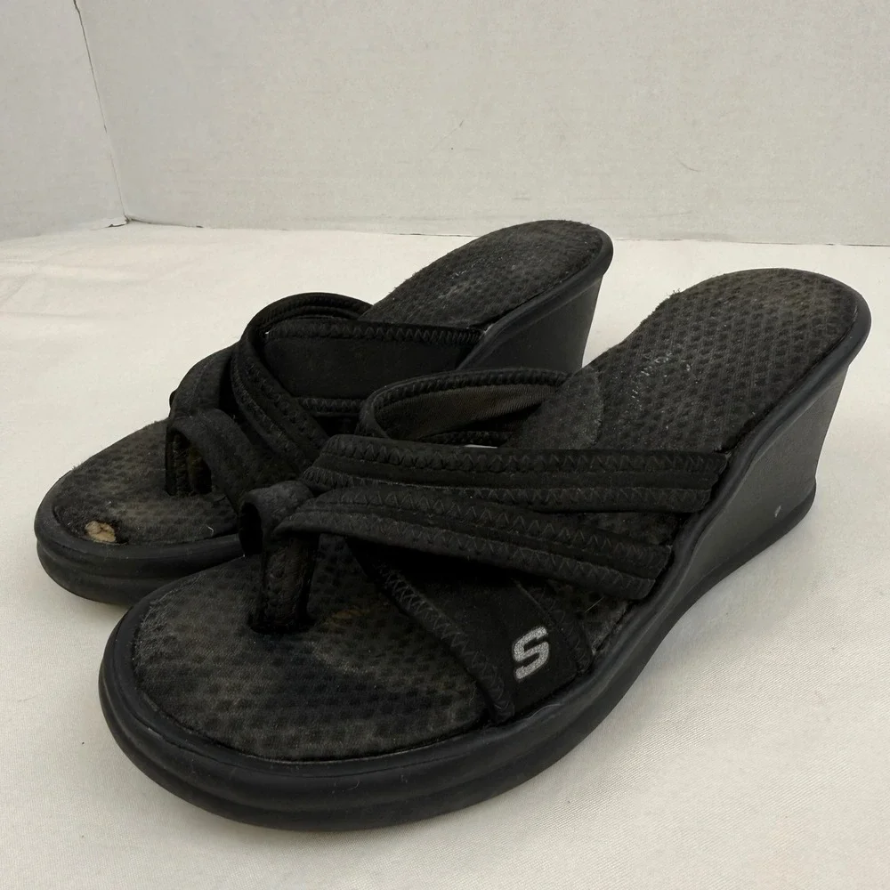 Y2K Vintage Skechers Cali Black Wedge Sandals Platform Thong Slides Size 6